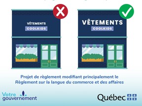 At left, a sign where "vêtements" and the store name "Coolkids" are the same size. At right, with a green checkmark, the word "vêtements" is twice as large.