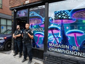 Police raid a FunGuyz magic mushroom shop in Montreal for the third time on Aug. 3, 2023.