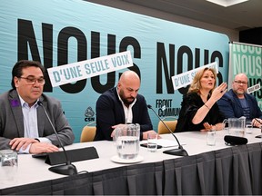 FTQ president Magali Picard responds to questions at a news conference on Dec. 20, 2023, in Quebec City.