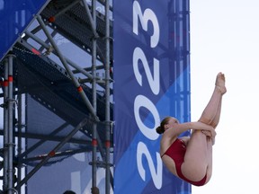 Molly Carlson of Canada dives during the round 3 of Women's 20 meter high diving at the World Swimming Championships at Seaside Momochi Beach Park in Fukuoka, Japan on July 26, 2023.