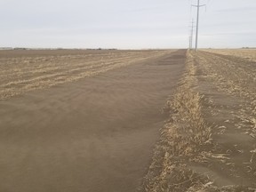 Blowing dirt fills in ditches and irrigation canals during a wind erosion event in Lethbridge County in Alberta in a 2022 handout photo.