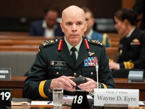 Chief of the defence staff Gen. Wayne Eyre waits to appear before the Standing Committee on National Defence providing a briefing on the mandate and priorities of the minister of national defence in Ottawa on Sept. 28, 2023.