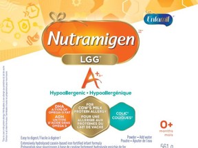 A national recall has been issued for a brand of hypoalergectic infant formula over concerns it may be contaminated with a bacteria. An advisory from Health Canada says the Enfamil brand Nutramigen A+ LGG Hypoallergenic formula, shown in a handout photo, is being recalled by the company over concerns it may be contaminated with Cronobacter sakazakii.