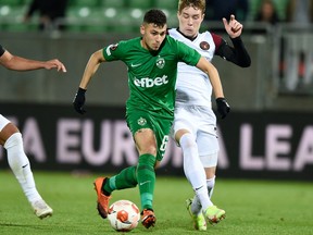 Ludogorets Razgrad's Bulgarian midfielder Dominik Yankov controls the ball