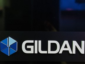 The Gildan Activewear Inc. logo is seen outside their offices in Montreal, Monday, Dec. 11, 2023.