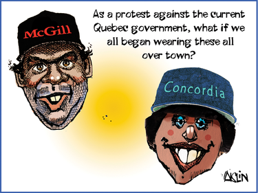 Cartoon of people wearing Concordia and McGill baseball caps with the caption "As a protest against the current Quebec government, what if we all began wearing these all over town?"