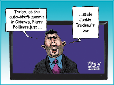 Cartoon of a TV newscaster saying "Today at the auto-theft summit in Ottawa, Pierre Poilievre just ... stole Justin Trudeau's car."