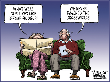 Cartoon of a couple sitting on the couch. The wife, holding up a newspaper, asks, "What were our lives like before Google?" The husband looks up from his iPad and answers "We never finished the crosswords."