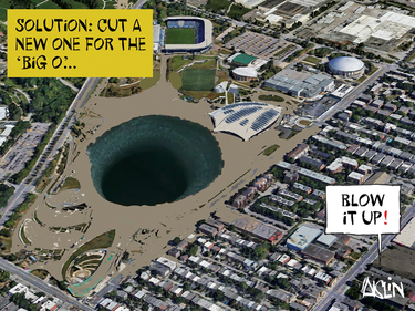 Cartoon overhead view of Montreal with a big hole where the Olympic Stadium would be located