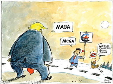 Cartoon of Donald Trump saying "MAGA," a man with a Conservative Party sign saying "MCGA" and a beaver with a Montreal Canadiens sign saying "Make Canadiens great again"