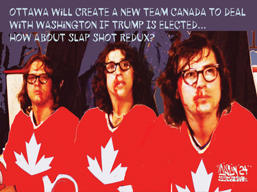 Photos of three men with bloody noses and hockey jerseys drawn on their bodies accompanying the caption "Ottawa will create a new Team Canada to deal with Washington if Trump is elected ... How about Slap Shot redux?"