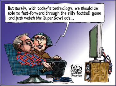 A cartoon of a couple watching the TV. The woman turns to the man and says "But surely, with today's technology, we should be able to fast-forward through the silly football game and just watch the Super Bowl ads..."