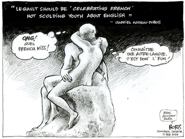 A cartoon of Rodin's The Kiss, with each of the two people extolling the virtues of kissing in a mix of Quebecois French and English, accompanies the caption "'Legault should be celebrating rench, not scolding youth about English,' Gabriel Nadeau-Dubois says"