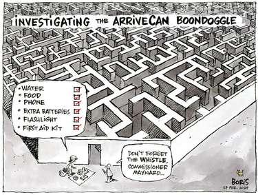 Cartoon of a maze with the caption "Investigating the ArriveCan" boondoggle