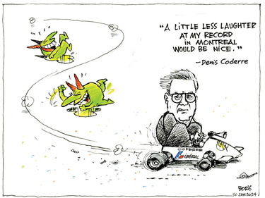 Editorial cartoon spoofing Denis Corderre's Montreal record.