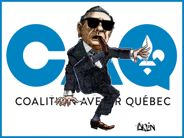 Cartoon of a blinded François Legault walking gingerly in front of the CAQ logo