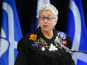 Métis Nation of Ontario president Margaret Froh takes part in a press conference following a Métis National Council meeting in Ottawa on Thursday, June 1, 2023.