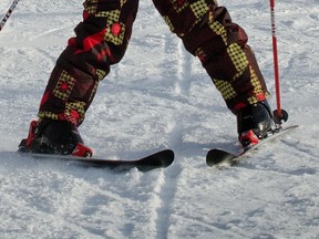 A pair of legs on downhill skis