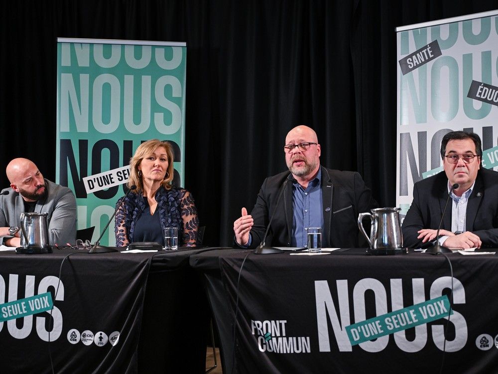 Leaders of the common front of public-sector unions give an update on labour negotiations Sunday, January 7, 2024. From left: &Eacute;ric Gingras (CSQ), Magali Picard (FTQ), Robert Comeau (APTS) and Fran&ccedil;ois Enault (CSN).