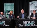 Leaders of the common front of public-sector unions give an update on labour negotiations Sunday, January 7, 2024. From left: Éric Gingras (CSQ), Magali Picard (FTQ), Robert Comeau (APTS) and François Enault (CSN).