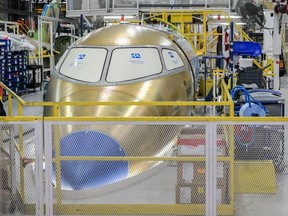 A Bombardier Challenger 3500 aircraft is shown under construction at Bombardier's Challenger manufacturing plant in Montreal, Wednesday, April 5, 2023.