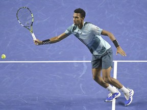 Montreal's Félix Auger-Aliassime playes Poland's Hubert Hurkacz during their final match at the Swiss Indoors tennis tournament at the St. Jakobshalle in Basel, Switzerland, on Oct. 29, 2023.