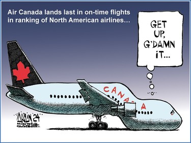 Cartoon of an Air Canada plane, its front section slumped against a ground, with the headline "Air Canada lands last in on-time flights ranking of North American airlines." A speech bubble coming out of the plane says "Get up, g'damn it"
