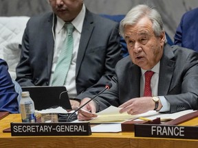 Antonio Guterres, secretary-general of the United Nations, speaks on Tuesday, Jan. 23, 2024, at United Nations Headquarters.