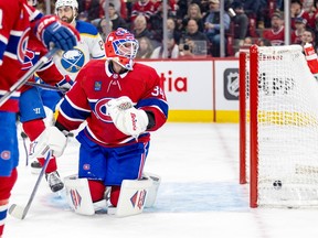 Canadiens' Jake Allen looks behind him after being scored on during a game against the Sabres last month at the Bell Centre.