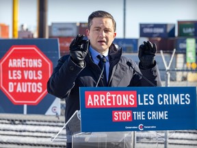 Conservative Leader Pierre Poilievre holds press a conference at the Port of Montreal on Tuesday, Feb. 6, 2024.