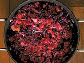Red cabbage in a large pot.