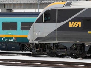 Via trains outside the Pointe St-Charles maintenance depot on Thursday Feb. 22, 2024.