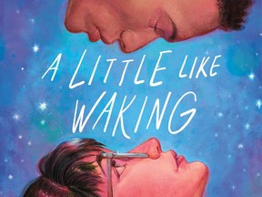 An illustration of a man's face at the top of the panel, with his eyes closed, and a woman's face at the bottom, bordering the title A Little Like Waking against the background of a starry sky.