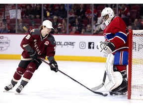 PWHL Montreal's Sarah Lefort scores against goalie Aubrey Haynes during the Canadiens' annual Skills Competition in Montreal on Sunday, Feb. 25, 2024.
