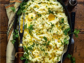 Roasted garlic and goat cheese mashed potatoes, with utensils