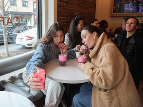 girls drinking pink matcha