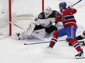 Canadiens' Tanner Pearson beats Coyotes goaltender Connor Ingram with Liam O'Brien trailing the play Tuesday night at the Bell Centre.