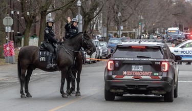 Two police officers on horseback speak with someone in a Westmount Public Safety vehicle.