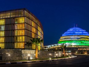 The World Tourism & Travel Council (WTTC) held its first African Global Summit in Kigali, Rwanda, at the contemporary Radisson Blu Hotel (at left) and the Convention Centre (right), lit in the colours of Rwanda's flag.