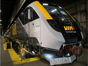 A Via Rail high-frequency train display is seen from the front.