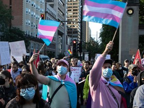 A protest in support of trans rights in Montreal on Sept. 20, 2023.