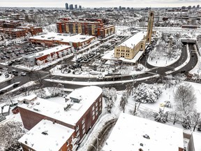 Aerial shot of the area around Atwater Market in winter.