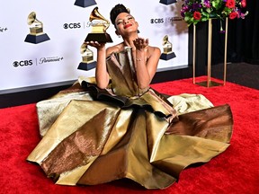 Montreal native singer-songwriter Allison Russell poses in the press room with the Grammy for Best American Roots Performance for Eve Was Black during the 66th Annual Grammy Awards at the Crypto.com Arena in Los Angeles on Sunday, Feb. 4, 2024.