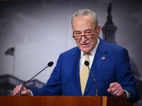 U.S. Senate Majority Leader Chuck Schumer, Democrat from New York, speaks during a news conference at the U.S. Capitol on Feb. 13, 2024, in Washington, DC.