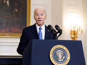 U.S. President Joe Biden speaks on the Senate's recent passage of the National Security Supplemental Bill, which provides military aid to Ukraine, Israel and Taiwan, in the State Dining Room of the White House on Feb. 13, 2024 in Washington, DC.