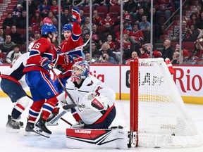 Canadiens' Alex Newhook (15) scores on goaltender Darcy Kuemper of the Washington Capitals during the second period at the Bell Centre on Saturday, Feb. 17, 2024, in Montreal.
