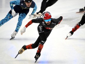 Quebecer Steven Dubois competes in the men's 500m Finals at the ISU World Cup Short Track Speed Skating in Gdansk, Poland, on Sunday, Feb. 18, 2024.