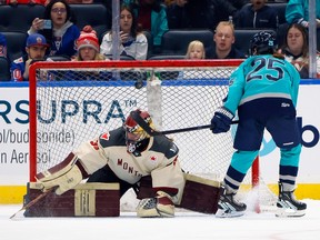 Alex Carpenter of New York shoots the puck into the net above crouching Montreal goalie Ann-Renée Desbiens