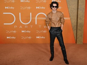 Timothee Chalamet arrives for the première of Dune: Part Two at the Josie Robertson Plaza at the Lincoln Center in New York City on Feb. 25, 2024, in New York City.