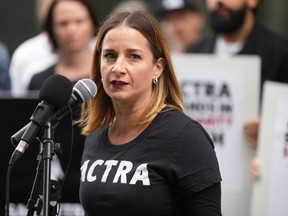 Actor Eleanor Noble speaks at a rally in Toronto, Saturday, Sept. 9, 2023.